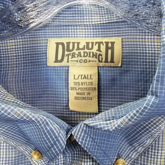 Duluth Trading Co Men's Blue Plaid Long Sleeve Button Up Roll Tab Size L Tall - Picture 5 of 10